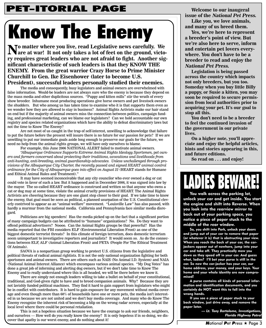 National Pet Press Newspaper Andrews Pet-itorial - Know The Enemy, on pet-related legislative agendas, how animal rights agenda affects breeders, Well-bred Animals, and more!